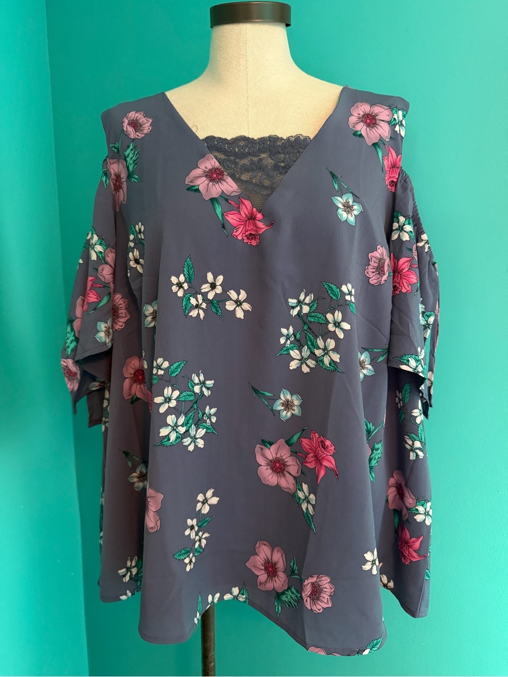 Lane Bryant Slate Blue Floral Cold-Shoulder Blouse